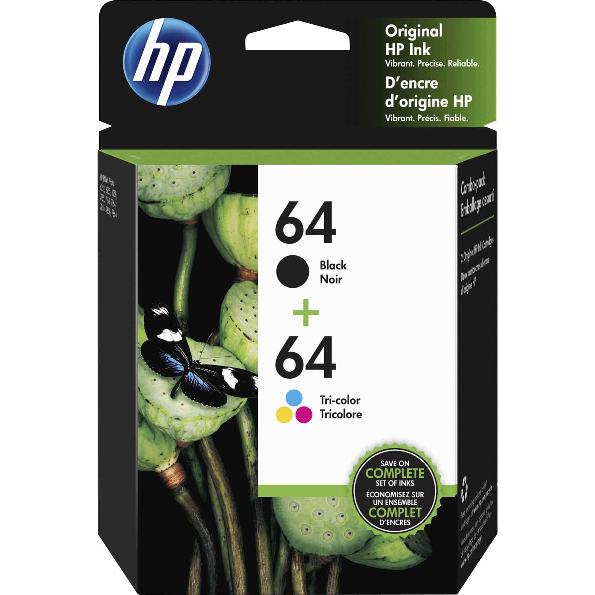HP 64 Tri-color & Black Original Ink, 2 Cartridges (X4D92AN)