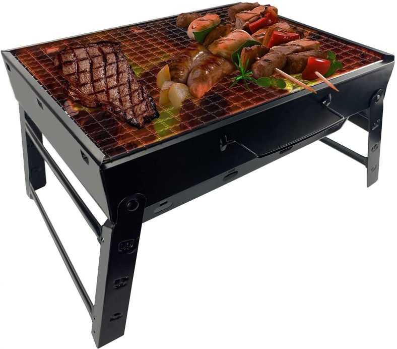 Loncaka Barbecue Grill, Folding Portable Outdoor BBQ Grill, Tabletop Stainless Steel Small Charcoal Grill for Camping Hiking Picnics Beach Travel Cooking – Small Size for 2-5 People