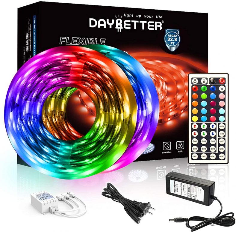 DAYBETTER Led Strip Lights 32.8ft 5050 RGB 300 LEDs Color Changing Lights Strip for Bedroom, Desk, Home Decoration, with Remote and 12V Power Supply