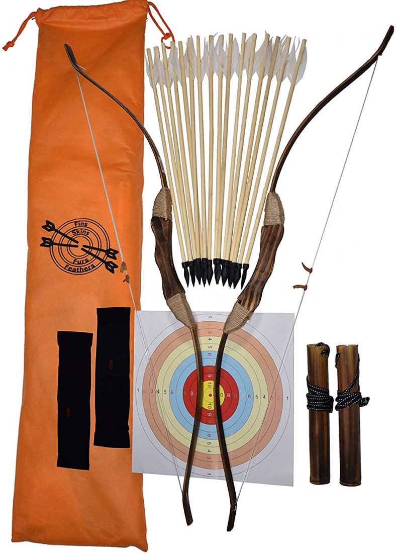 FSFF Enhanced Wooden Bow and Arrow for Kids 2-Bows 2-Four Arrow quivers 16-Arrows w/ Feathers 10-Large Targets & 2-armguards Great Archery Set for Youth boy / Girl Beginner Archery Set for Kids @amazon offers