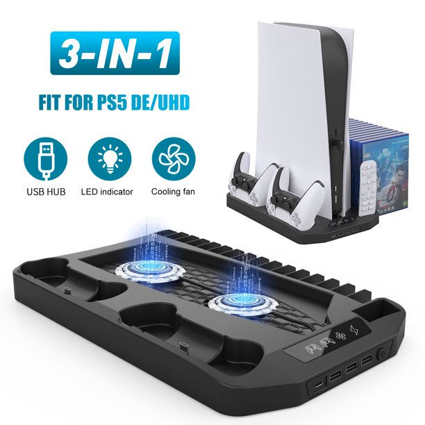 PS5 Vertical Stand Cooling Fan System Dual Controller Charging Station Docks with LED Indicator and 3 Port USB Hub for SONY PlayStation 5 Digital Edition/Ultra HD Cooler 16 Game Slots From walmart deals