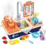CUTE STONE Pretend Play Kitchen Sink Toys with Play Cooking Stove, Pot and Pan with Spray Realistic Light and Sound, Dish Rack & Play Cutting Food, Utensils Tableware Accessories for Kids Toddlers  – Grab the Amazon Offers