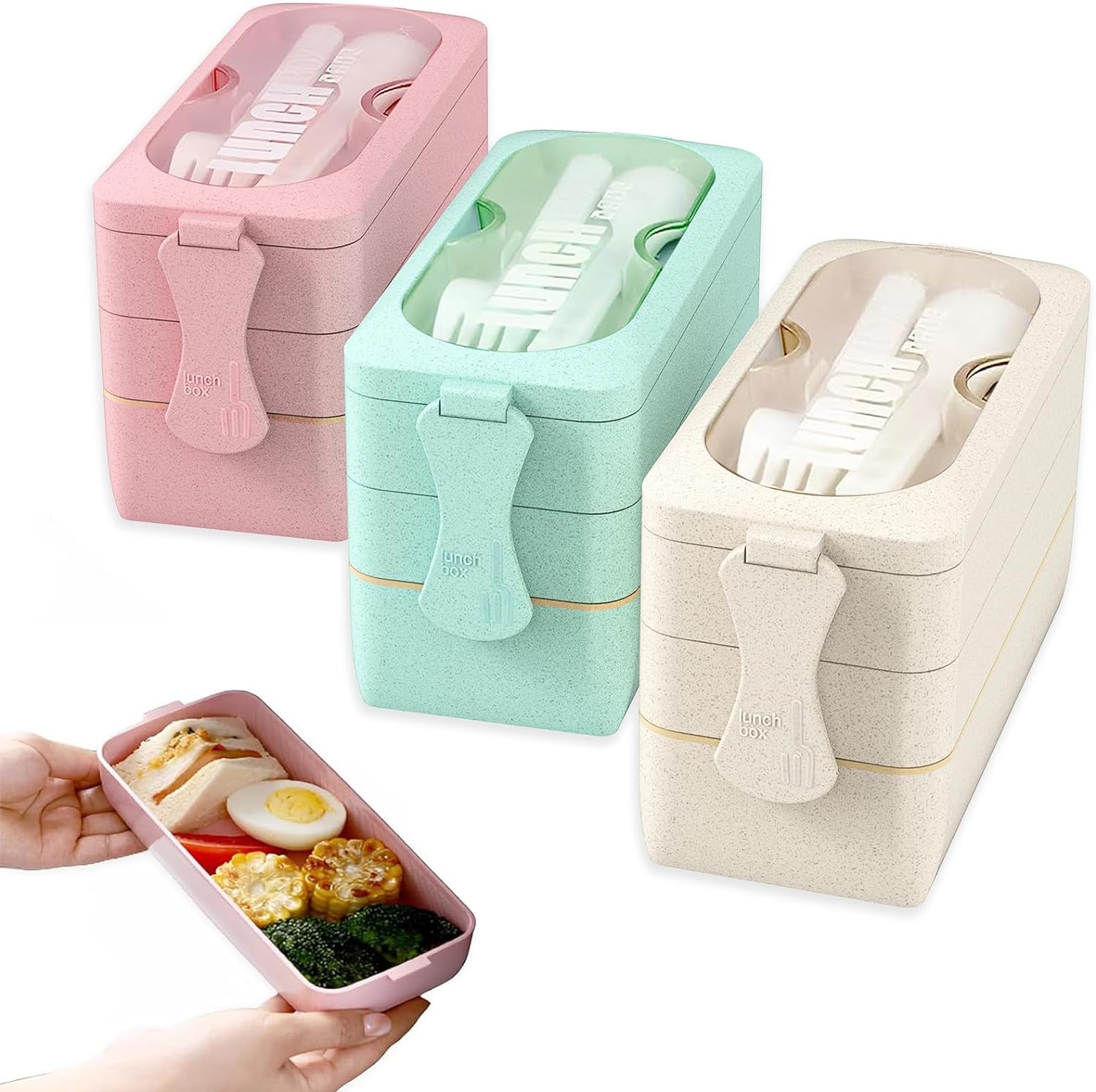 Yesland 3 Packs Bento Box for Kid, Upgraded Japanese Lunch Box with Divider, Wheat Straw 3-In-1 Compartment Stackable Lunch Containers Meal Prep Containers for Adults (Green/Pink/Beige)