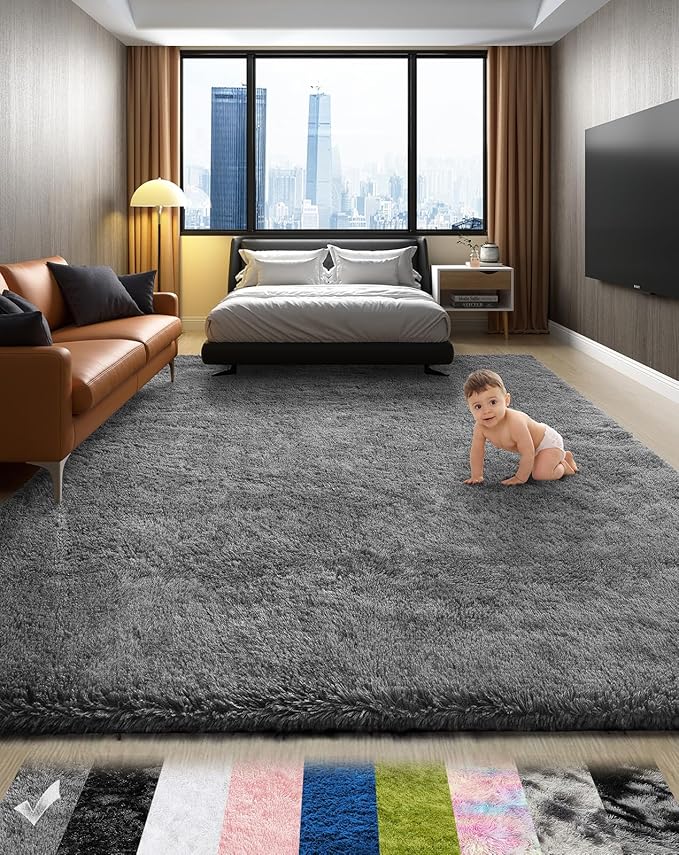 Ophanie Area Rugs for Bedroom Living Room, 4×6 Grey Fluffy Fuzzy Shag Shaggy Carpet Soft Plush Furry Bedside Rug, Indoor Floor Rug for Kids Girls Boys Home Decor Aesthetic, Dorm Nursery Gray