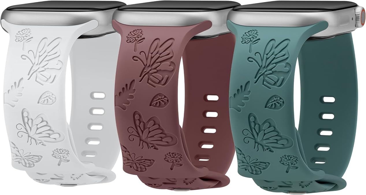 3 Pack Stylish Floral Engraved Smartwatch Bands for Women, Durable Soft Silicone iWatch Bands Compatible with Apple Watch Series 44mm 40mm 38mm 41mm 45mm 49mm 42mm Ultra 2 SE 9-1