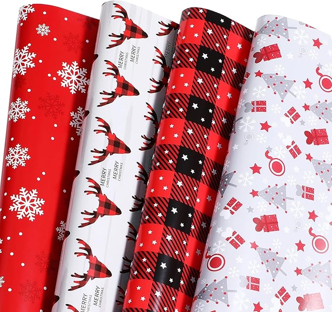 Ulmasinn Christmas Wrapping Paper Holiday Woodland Gift Scene with Christmas Tree, Snowflakes, Plaid, Reindeer, Flat 8 Sheets 20 X 29 Inches Each