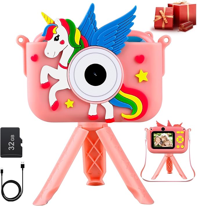 Kids Camera, Toddler Camera with 32GB SD Card & Tripod, 2.4 Inch Portable Toy Camera 1080 HD Digital Video Camera for Boys Girls Christmas Birthday Gift Timelapse Camera with Silicone Cover Dark Pink