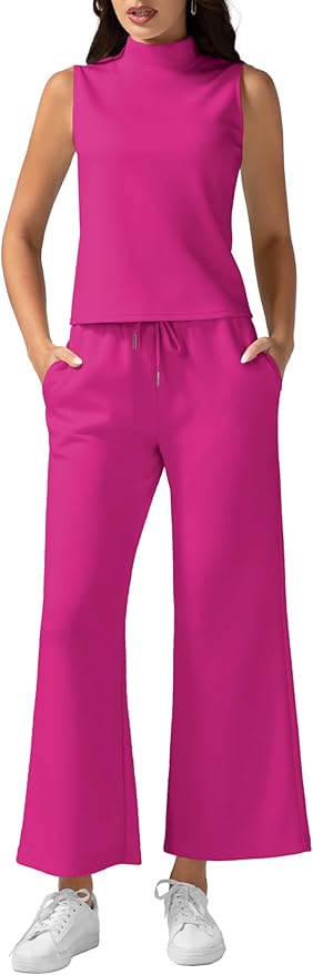 Women’s Summer 2 Piece Outfits Mock Neck Tank Top Cropped Wide Leg Pants Lounge Sets 2025 Fashion Tracksuit