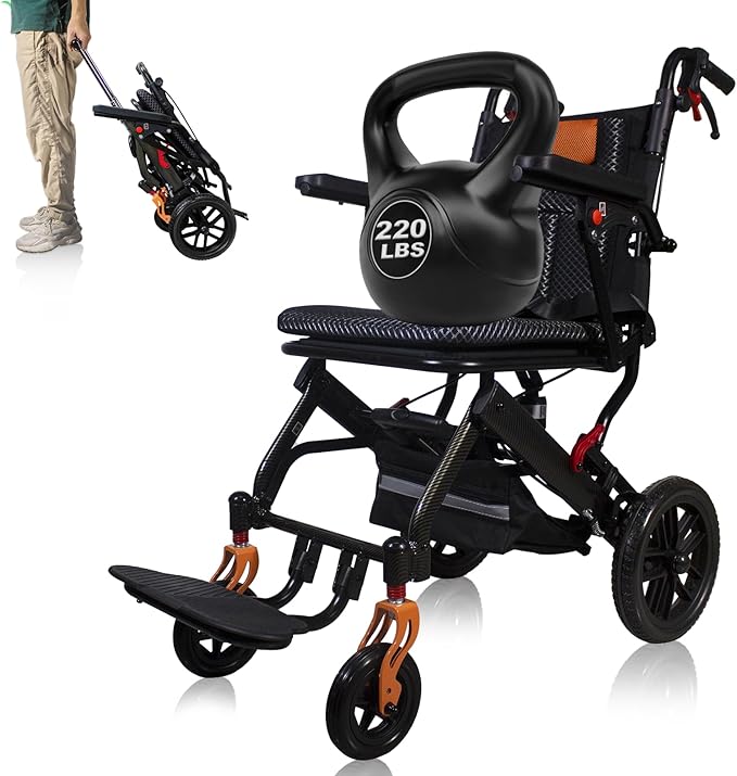 20LBS Ultra-Light Foldable Transport Wheelchair for Adults – Carbon Fiber Coating, 10” PU Tires, Pull Rod, Lightweight & Portable for Travel & Daily Use