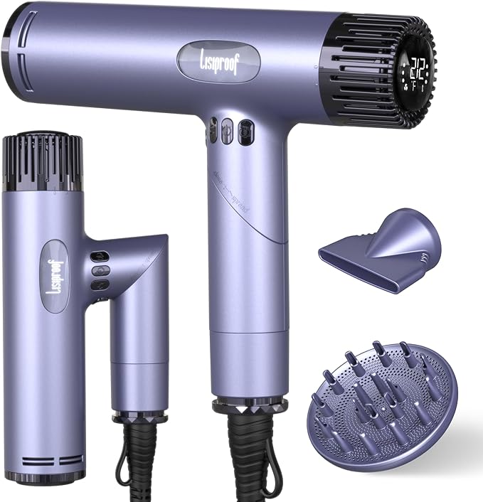Professional Hair Dryer with Diffuser and Flat Nozzle, 120,000rpm Fast Ionic Blow Dryer with Self Cleaning Function, Blow Dryer with Lcd, 4 Temps & 3 Speeds, Portable Hair Dryer for Women(Grey Purple)