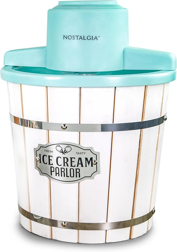 Nostalgia Electric Ice Cream Maker – Wood Bucket Parlor Style, Old Fashioned Soft Serve Ice Cream Machine Makes Frozen Yogurt or Gelato in Minutes – Fun Kitchen Appliance – White & Aqua – 4 Quart