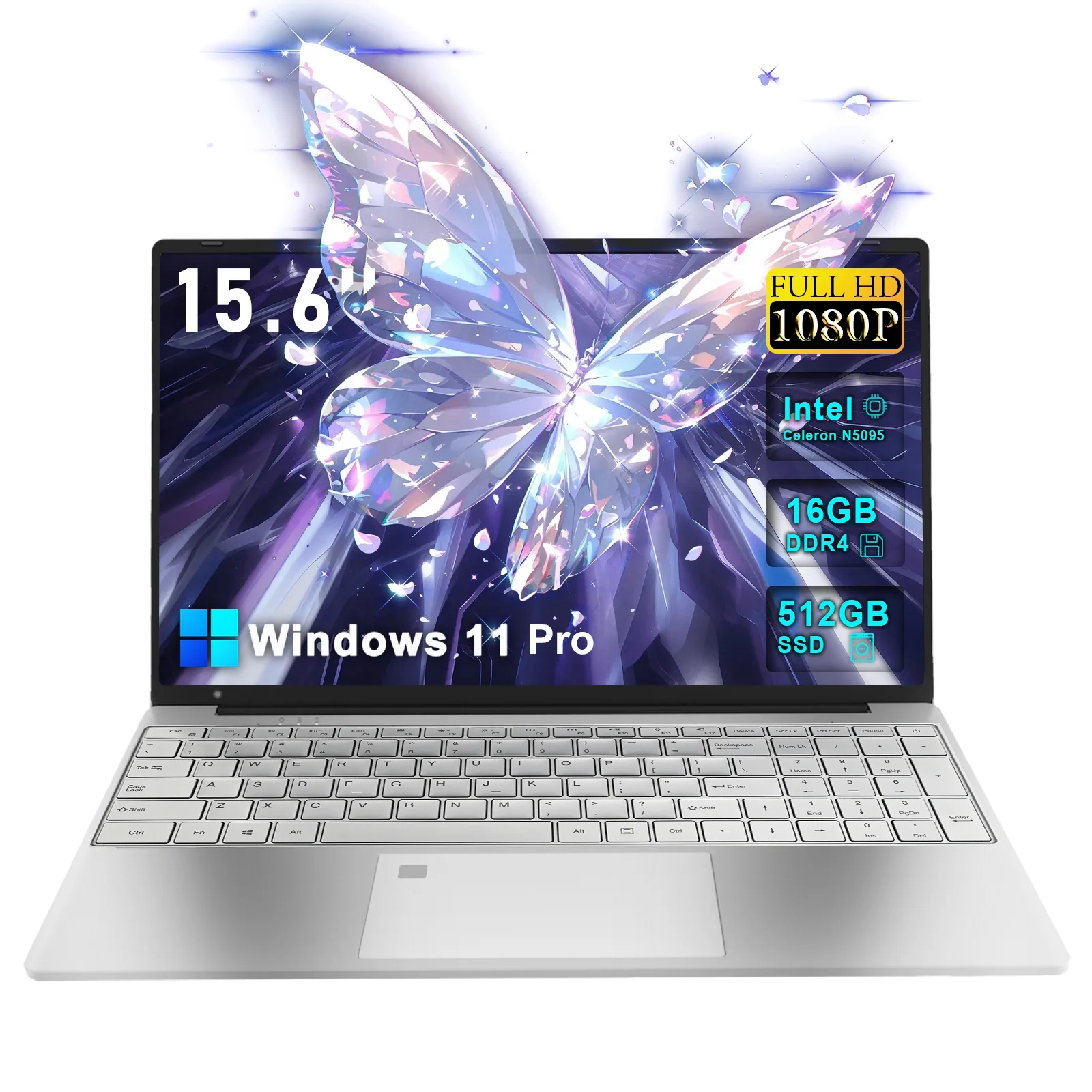 SANPTENT 15.6 inch 1080p FHD Laptop Computer 16GB RAM 512GB SSD with 4 Core Intel Celeron N5095, FingerPrint, Backlit Keyboard, Windows 11 Pro