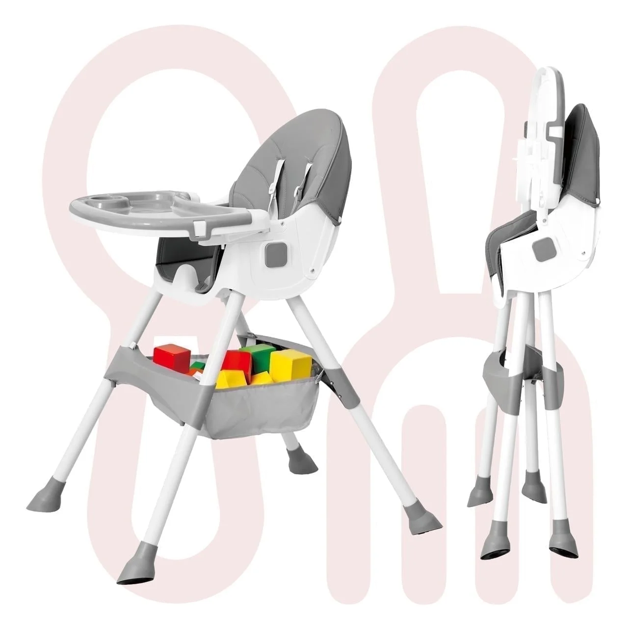 Aprpink 6-in-1 Baby Convertible High Chair Seat with 5-Point PU Safety Harness Gray Striped