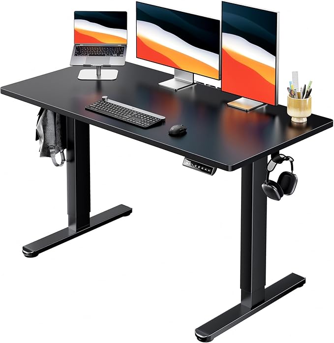 HUANUO Electric Standing Desk, 48″ x 24″ Whole Piece Desktop, Adjustable Height Computer Desks, 4 Height Memory Settings, Sit Stand Up Desk for Home Office, Black