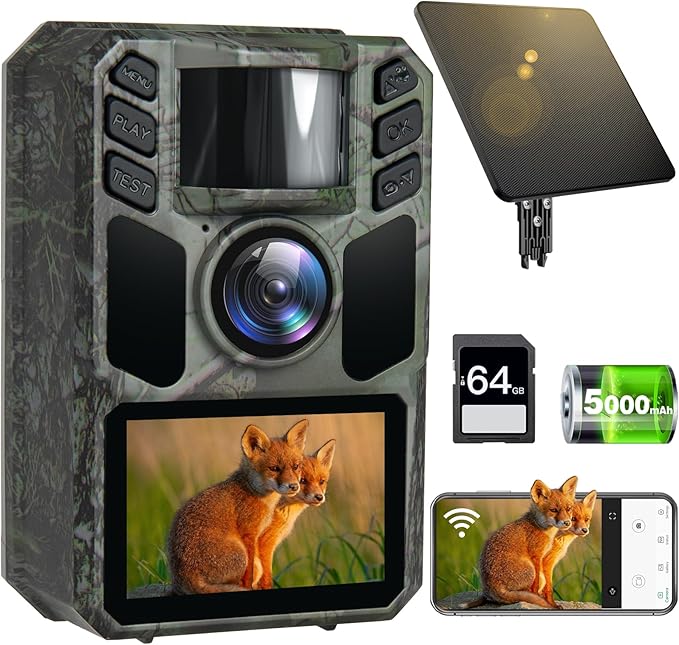 Trail Camera 4K 64MP Solar WiFi Game Hunting Camera with Night Vision– Built-in 5000mAh Battery, IP67 Waterproof, Motion Activated, 64GB Memory Card