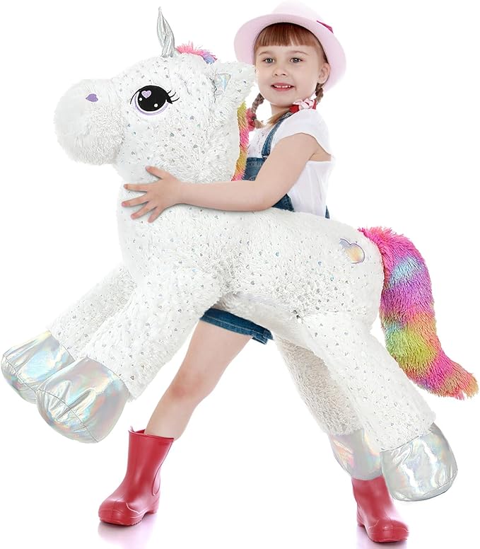 Tezituor 43in White Unicorn Stuffed Animal Toy with Big Embroidered Eyes,Exquisite Rainbow Tail and Dazzling Sequins,Lovely Unicorn Plush Birthday Decorations for Kids,Great Unicorns Gifts for Girls