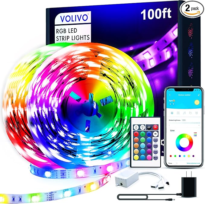 VOLIVO 100ft Led Strip Lights for Bedroom, Color Changing Led Light Strips Kit with 24 Keys IR Remote and Smart App Control, RGB Music Sync Lighting for Room, Home Decor