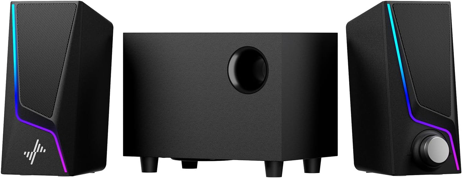 Nylavee Computer Speakers with Subwoofer, 2.1 Hi-Fi PC Speakers System with 6 Lighting Modes, Enhanced Bass, Plug and Play, USB/USB-C Powered and 3.5mm Aux in for Desktop, Monitor, Laptop, Tablet