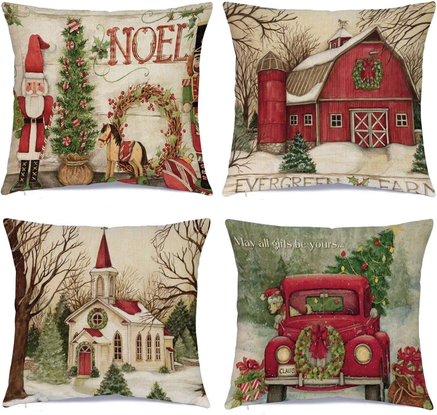 Hlonon Christmas Decorations Christmas Pillow Covers 18 x 18 Inches Set of 4 – Xmas Series Cushion Pillow Cover Custom Zippered Square Pillowcase