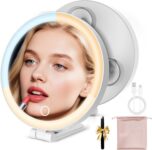 Travel Makeup Mirror with Lights, Lighted Magnifying Mirror 10X, 4-in-1 Portable for Handheld, Tabletop, Hanging and Suction Cup Wall Mount, Adjustable 3 Color Light, Ideal Gift for Women and Seniors