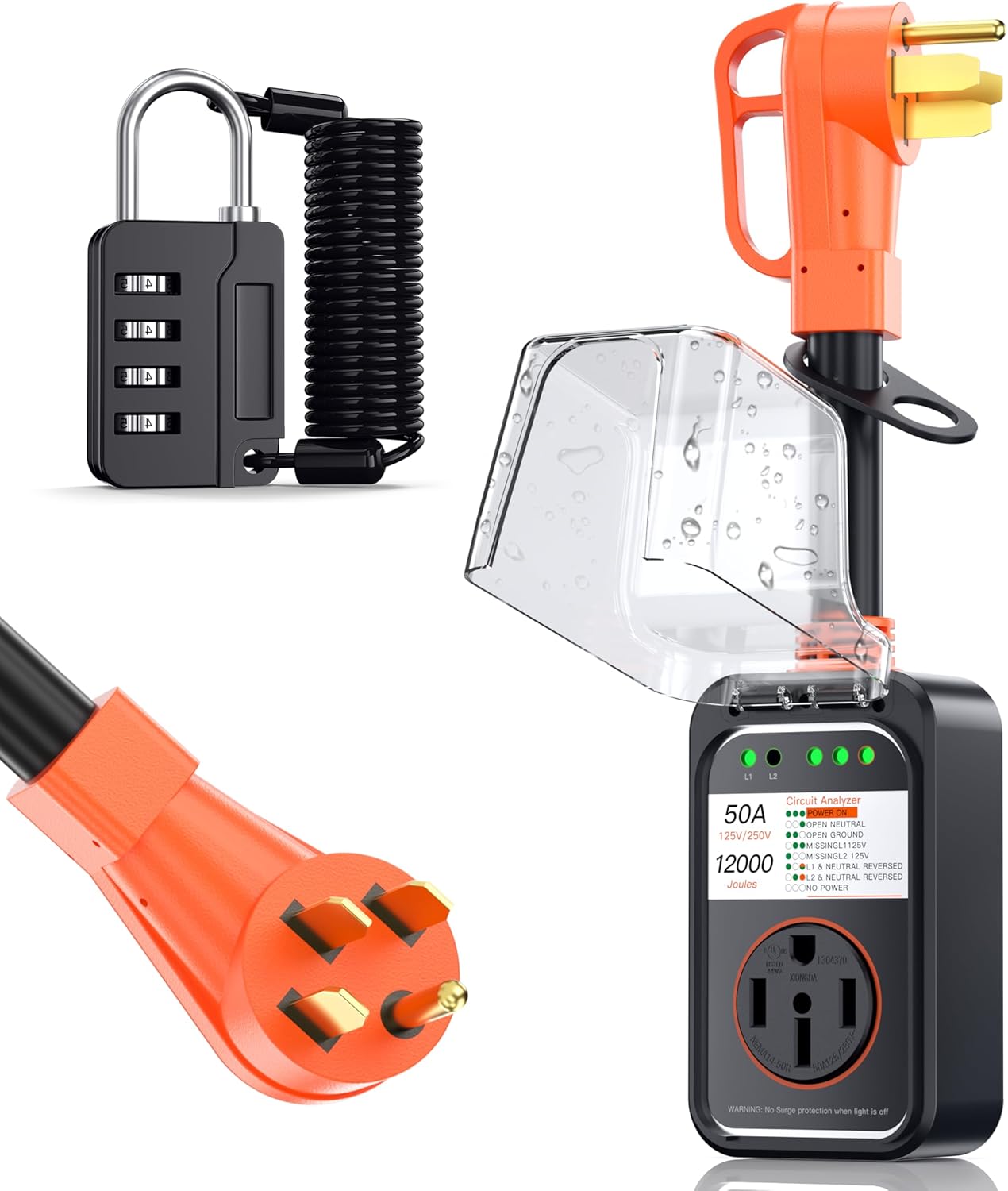 RV Surge Protector 50 Amp Waterproof, Upgraded 12000 Joules RV Power Protector （Safety-Certified）, RV Adapter Plug with Anti-Theft Cable Lock for Camper, Circuit Analyzer for Travel Trailers