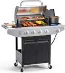 EUHOME 4-Burner Propane Gas BBQ Grill with Side Burner, 46,500 BTU Output Stainless Steel Barbecue Grill with Enameled Cast Iron Grates and Side Tables for Outdoor Cooking Kitchen and Patio Backyard