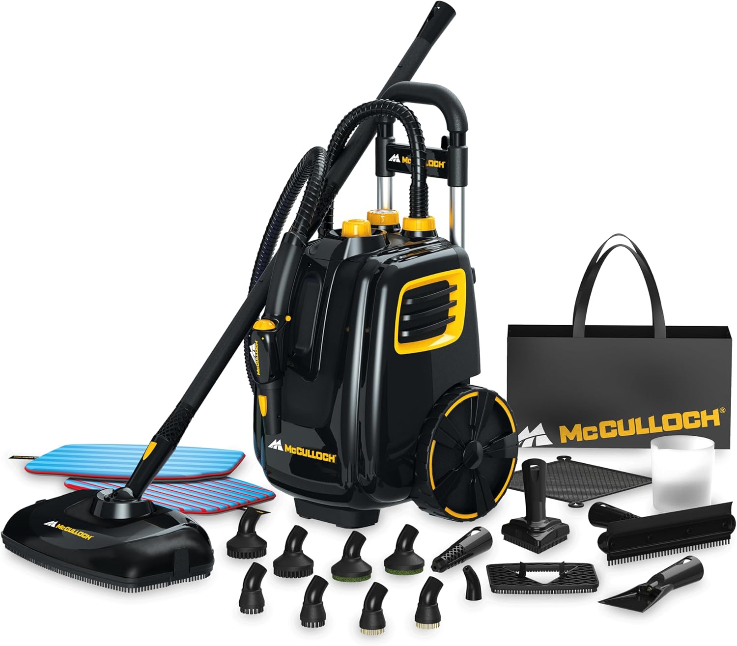 McCulloch MC1385 Deluxe Canister Steam Cleaner, 2-Hour Runtime, Chemical-Free, 23 Accessories: Mop Head, Brushes & More – Built for Home, Tile, Carpet, Furniture, & Personal Car Detailing
