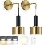 Battery Operated Wall Sconces Set of 2, Matte Black and Gold Hardwired or Wireless Wall Lighting with Remote, Adjustable Cord Hanging Sconce Light Fixture for Bedroom Living Room, E26 Base