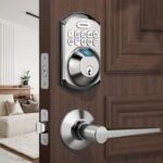 TEEHO TE002L Fingerprint Door Lock with 2 Lever Handles, Keyless Entry Deadbolt with Handle Set, Electronic Keypad Deadbolt for Front Door, Auto Lock and 1 Touch Locking, Satin Nickel