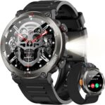 IOWODO Military Smart Watch for Men -100-Day Long Battery Life,Fitness Tracker with LED Flashlight/Compass,Heart Rate Monitor,120+ Sports Modes,IP68 Waterproof,Bluetooth Call Smartwatch for iOSAndroid