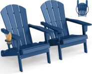 Folding-Adirondack-Chairs-Set-of-2 | w/Cup Holder | HDPE Plastic | All-Weather Patio Fire Pit Chairs | for Outdoor Poolside Deck | Blue