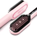 TYMO Hair Straightener Brush – Upgraded Ionic Plus Straightening Brush with Dense Bristles, 16 Temps, Dual Voltage | Ceramic Hot Comb for Women | Flat Iron for Thick Curly Hair, Pink
