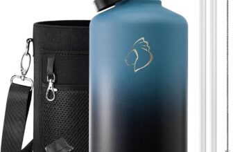 BUZIO 1 Gallon Water Bottle Insulated with Straw Lid, 128oz Large Water Jug Stainless Steel Metal Vacuum Water Flask Leak Proof 18/8 Food Grade Thermo Mug Keep Cold 48H & Hot 24H, Indigo Crush