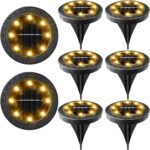 Solar Powered 8 Pack Outdoor LED Disk Lights – IP68 Waterproof, Non-Slip, Wear-Resistant Pathway Lights (Warm White)