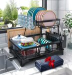 Dish Drying Rack, 2-Tier Dish Rack with Auto-Drain & Mat, Dish Racks for Kitchen Counter, Dish Drainer with Knife, Fork & Cup Rack, Gifts for Women, Mothers Day, Cool Stuff & Kitchen Gadgets