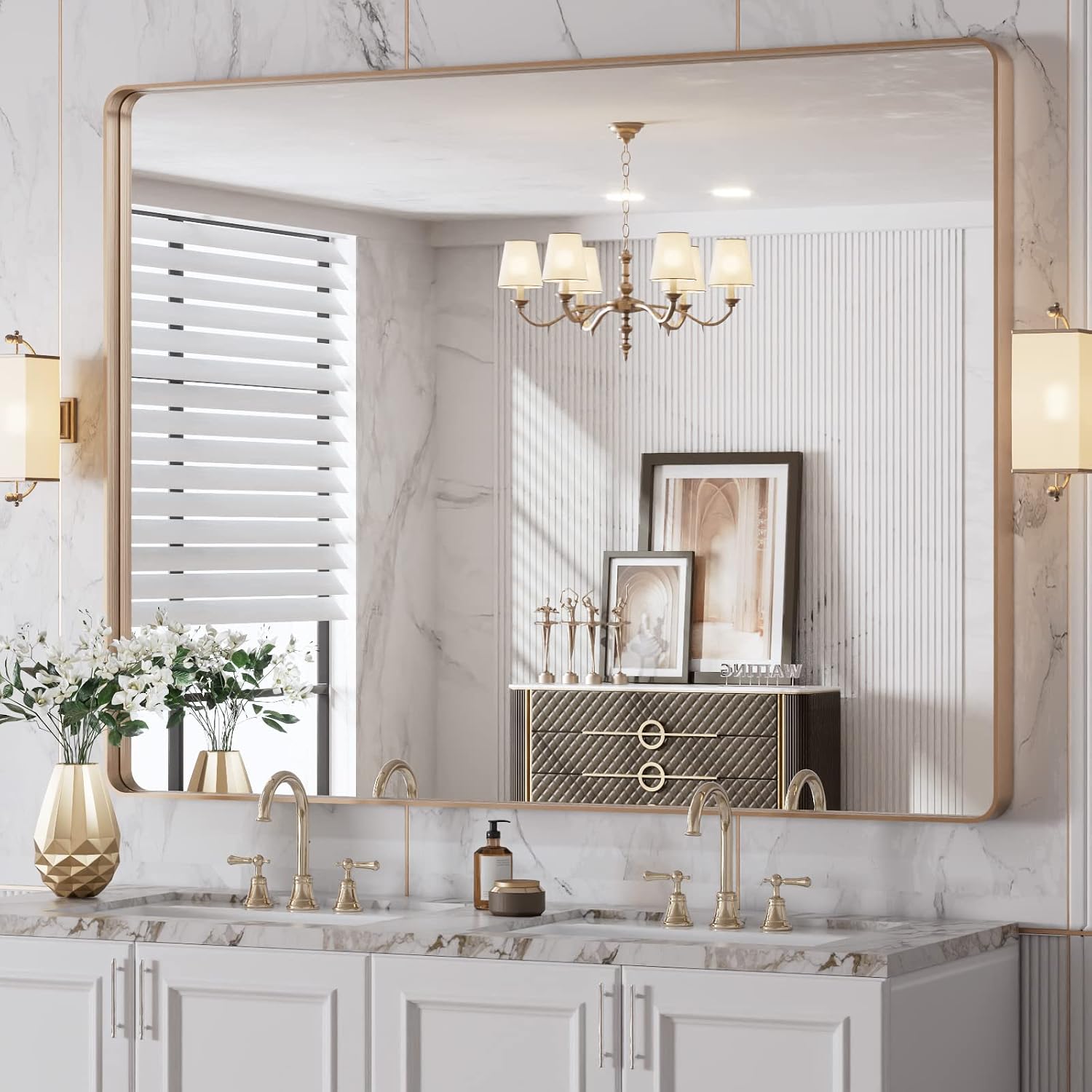 LOAAO 48”X36” Gold Bathroom Mirror, Rounded Rectangle Gold Frame Mirror, Brushed Gold Bathroom Vanity Mirror Wall-Mounted, Anti-Rust, Tempered Glass, Hangs Horizontally or Vertically
