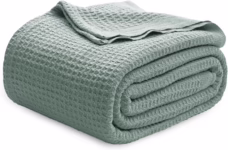 Bedsure 100% Cotton Blanket, Waffle Weave, Queen Size, Sage Green, 90″x90″