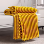 Fleece Blanket Throw Size – 51×63, Yellow Soft, Plush, Fluffy, Fuzzy, Warm, Cozy Perfect for Couch, Bed, Sofa – with Pompom Fringe Flannel